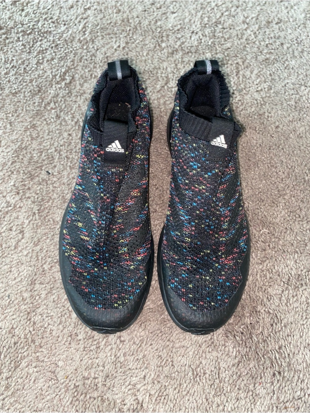 adidas women’s black knit Slip-On Sneakers with Multicolor Speckle